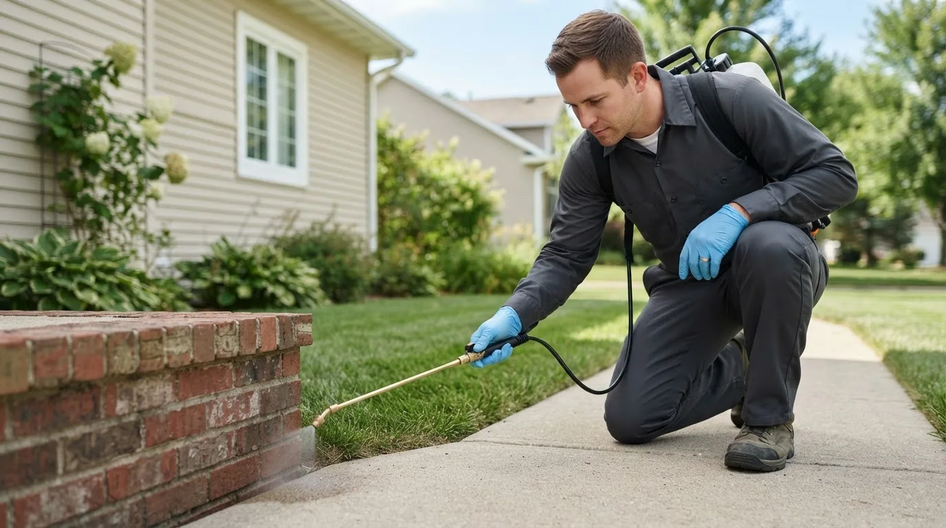 Pest control technician treating a home near North Bangor, NY