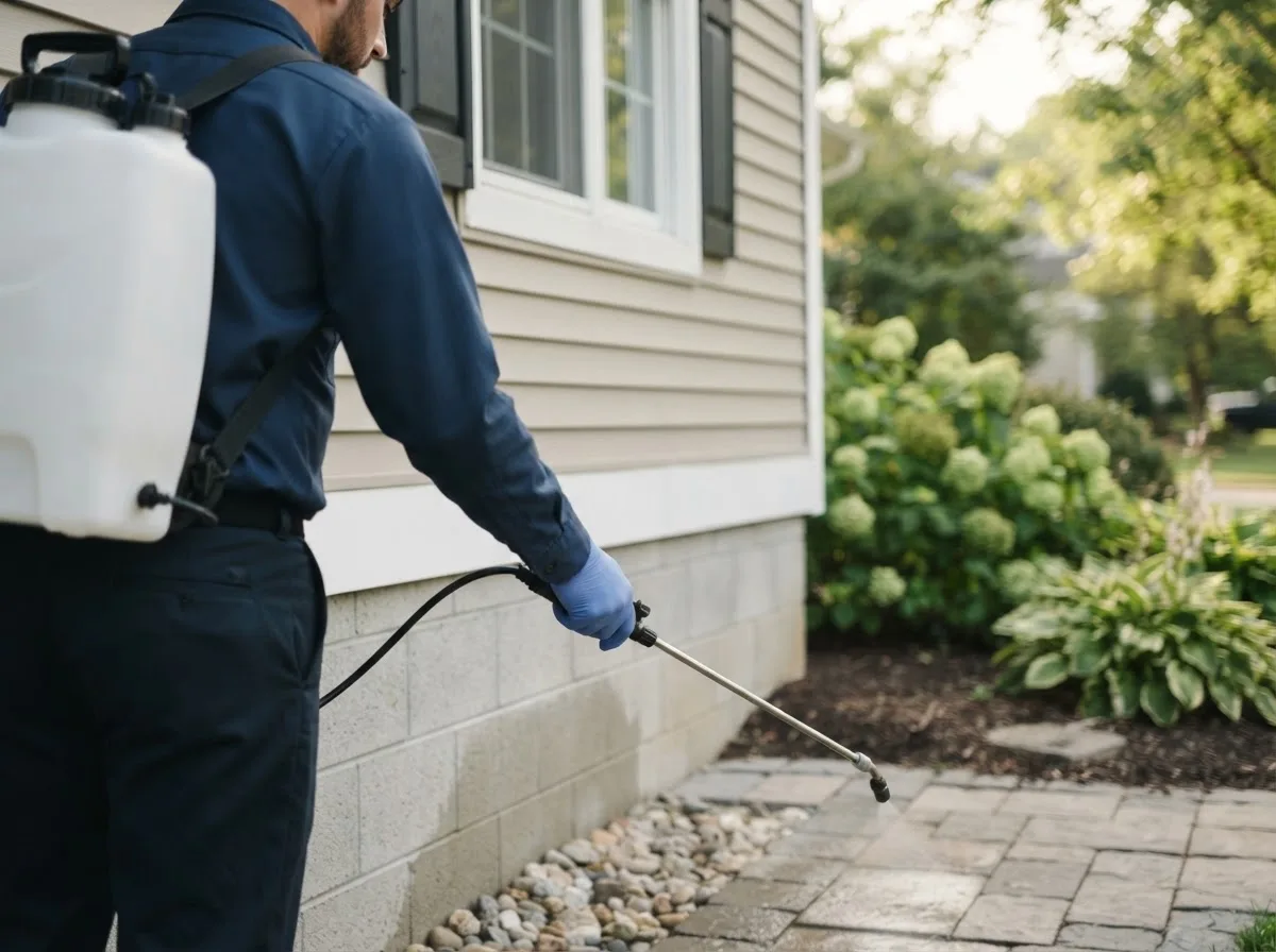 Pest control technician inspecting a home in North Bangor, NY